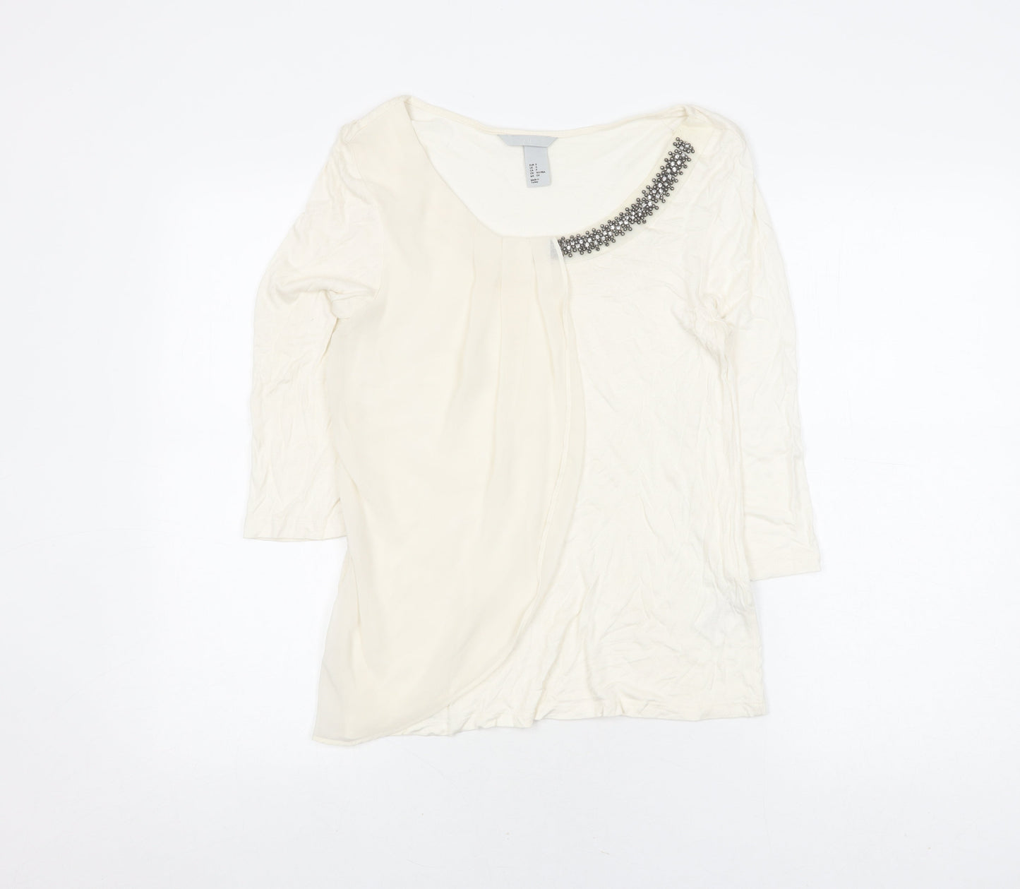 H&M Women White Blouse S Beaded 3/4 Sleeve Casual