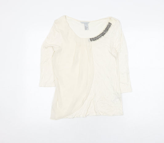 H&M Women White Blouse S Beaded 3/4 Sleeve Casual