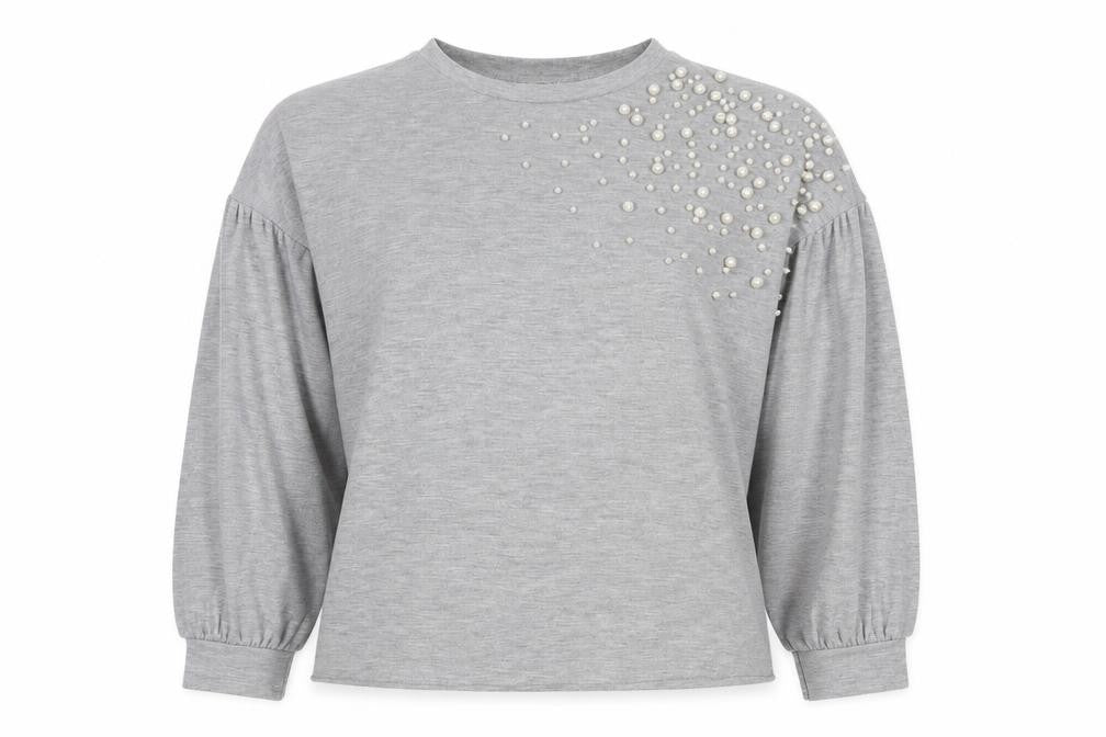 Stradivarius Women's Grey Beaded Crew Neck Pullover - Size 10
