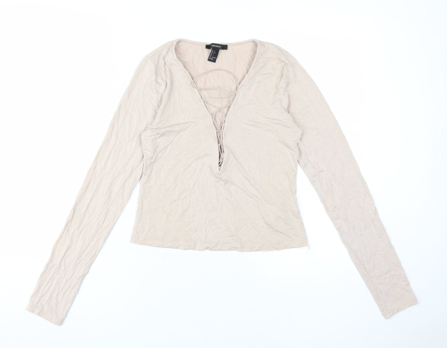 Forever 21 Women Beige L Long Sleeve Lace Up Top