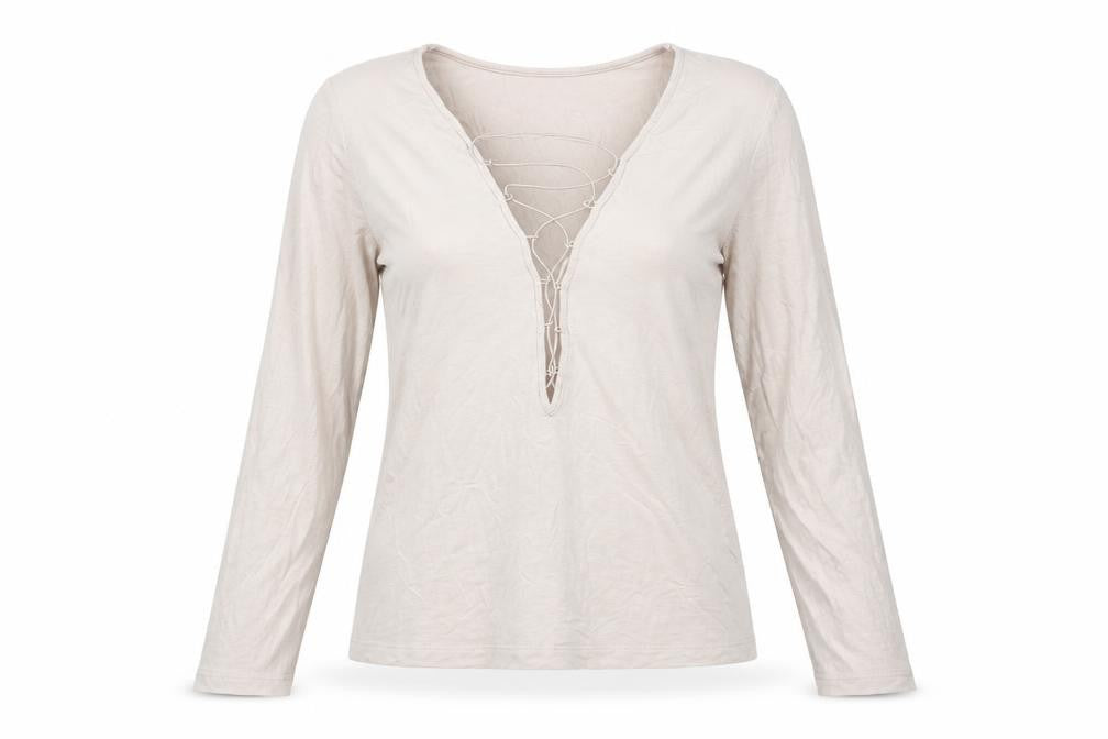 Forever 21 Women Beige L Long Sleeve Lace Up Top