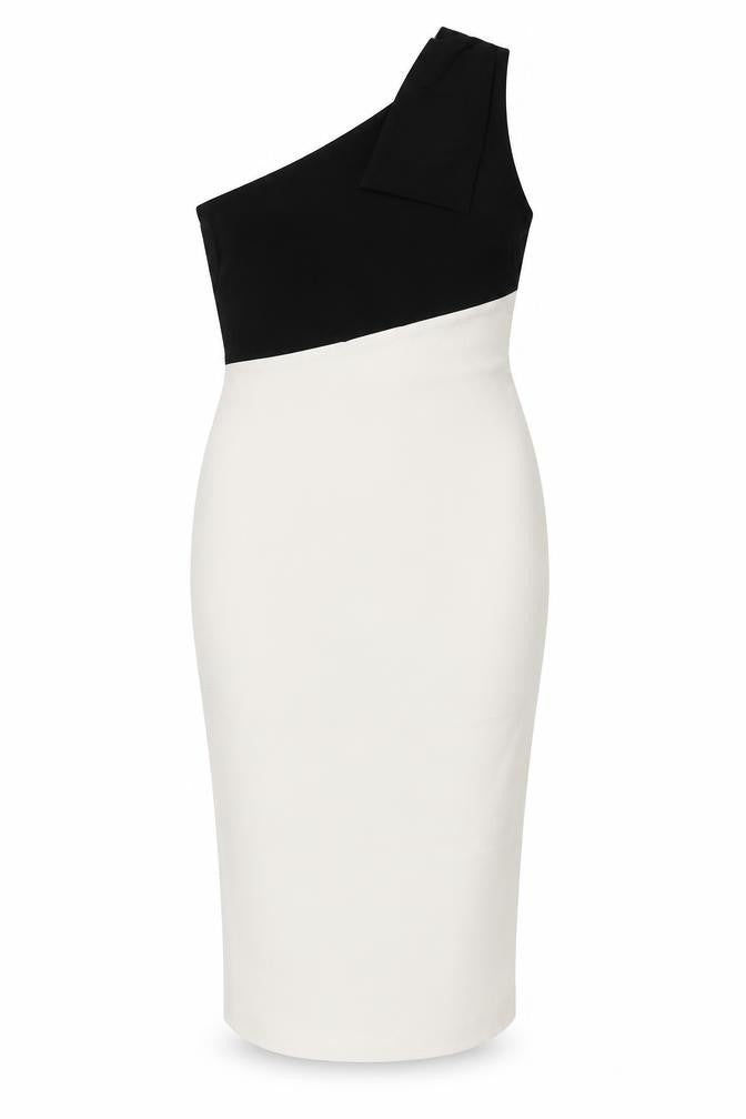 Vesper Women's One Shoulder Black & White Midi Pencil Dress