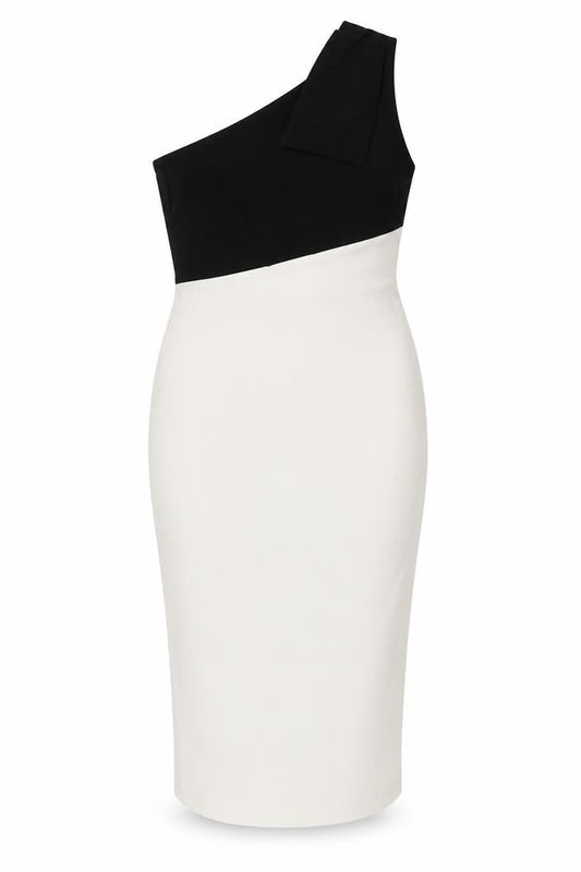 Vesper Women's One Shoulder Black & White Midi Pencil Dress