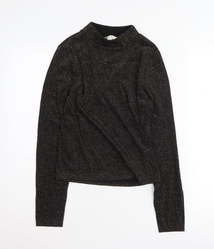 Additional front view of Miss Selfridge Women’s Black Mock Neck Blouse, size UK 12