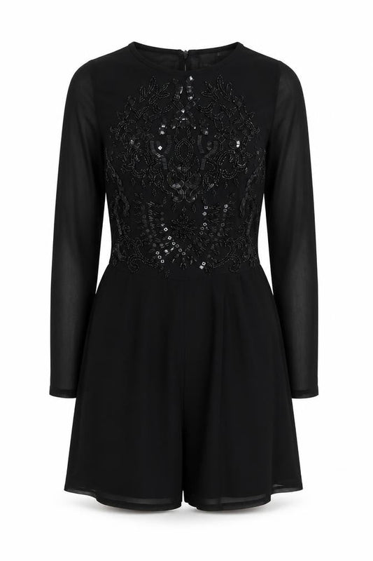 Front view of ASOS Women's Black Beaded Playsuit, size 8
