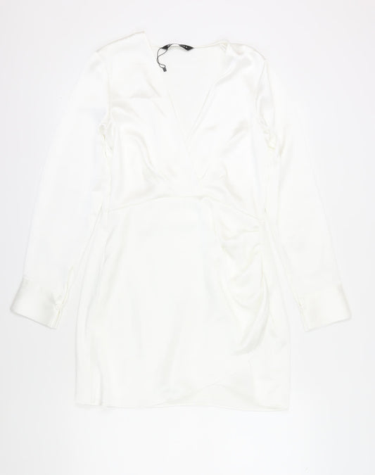 Zara Women's White Long Sleeve Wrap Dress L