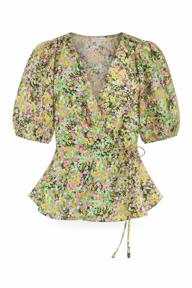 Topshop Women's Floral Puff Sleeve Wrap Blouse, Size 8