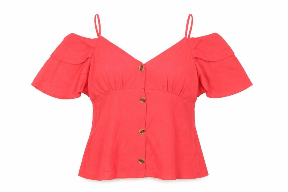 Topshop Women's Red Cropped Cold Shoulder Blouse Size 8