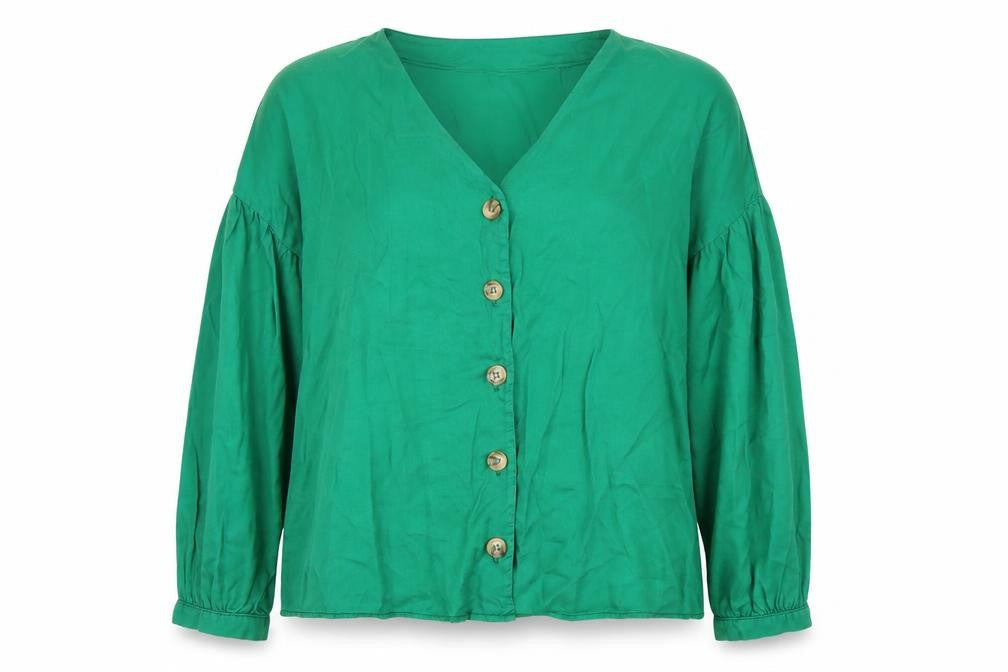 Promod Women's Green Button-Up V-Neck Top - Size 10