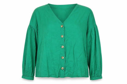 Promod Women's Green Button-Up V-Neck Top - Size 10