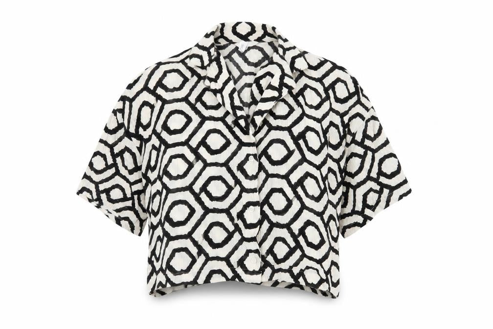 H&M Women's Multicoloured Cropped Geometric Button-Up Shirt M
