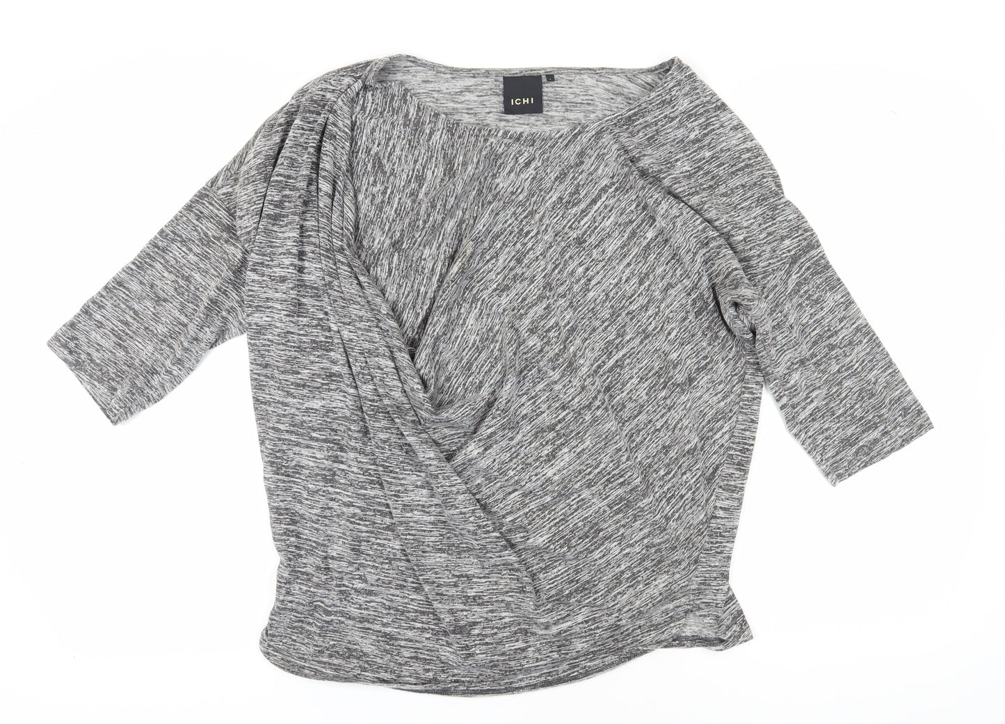 ICHI Women's Grey Knit Top L Round Neck 3/4 Sleeve