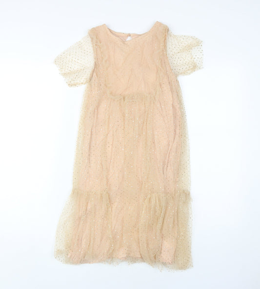 Zara Kids Beige Midi A-Line Party Dress, Age 11-12, Sparkling Delight