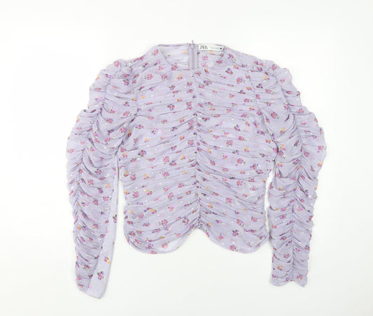 Zara Women's Purple Floral Cropped Blouse, S