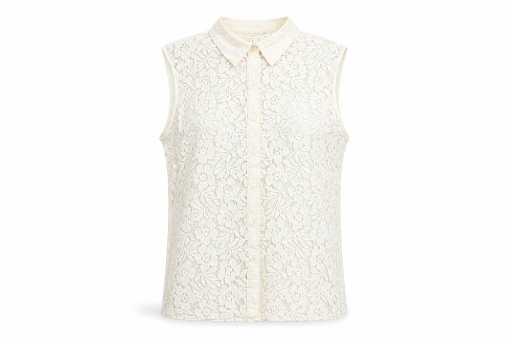 Forever 21 Women's Beige Lace Sleeveless Collared Blouse