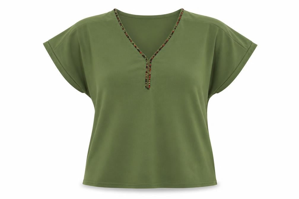 Afibel Women's Green Blouse V-Neck Cap Sleeve
