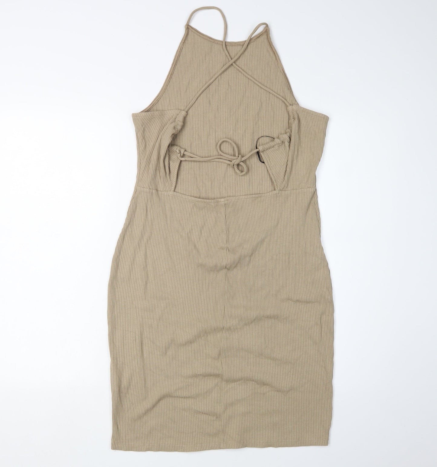 H&M Women’s Beige Knit Bodycon Midi Dress, L, Halter Neck