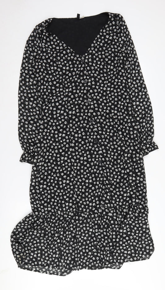H&M Women's Black Floral Midi A-Line Dress Size 10