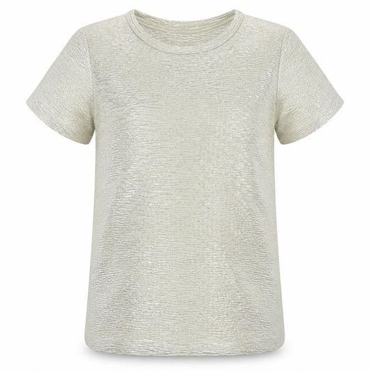 Front view of John Lewis girls’ silver t-shirt, 8 years, short sleeve