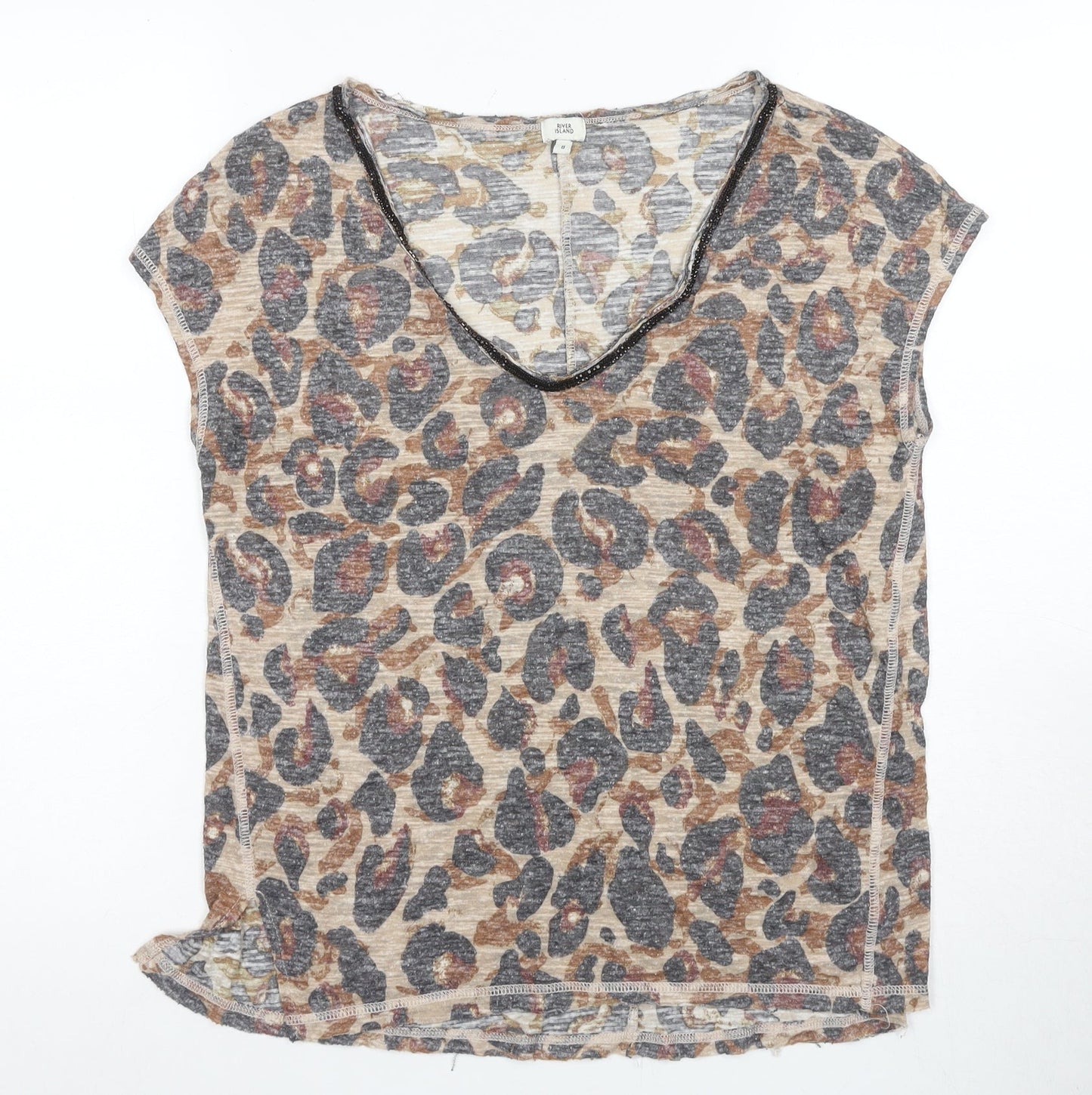 River Island Women's Beige Animal Print V-Neck T-Shirt