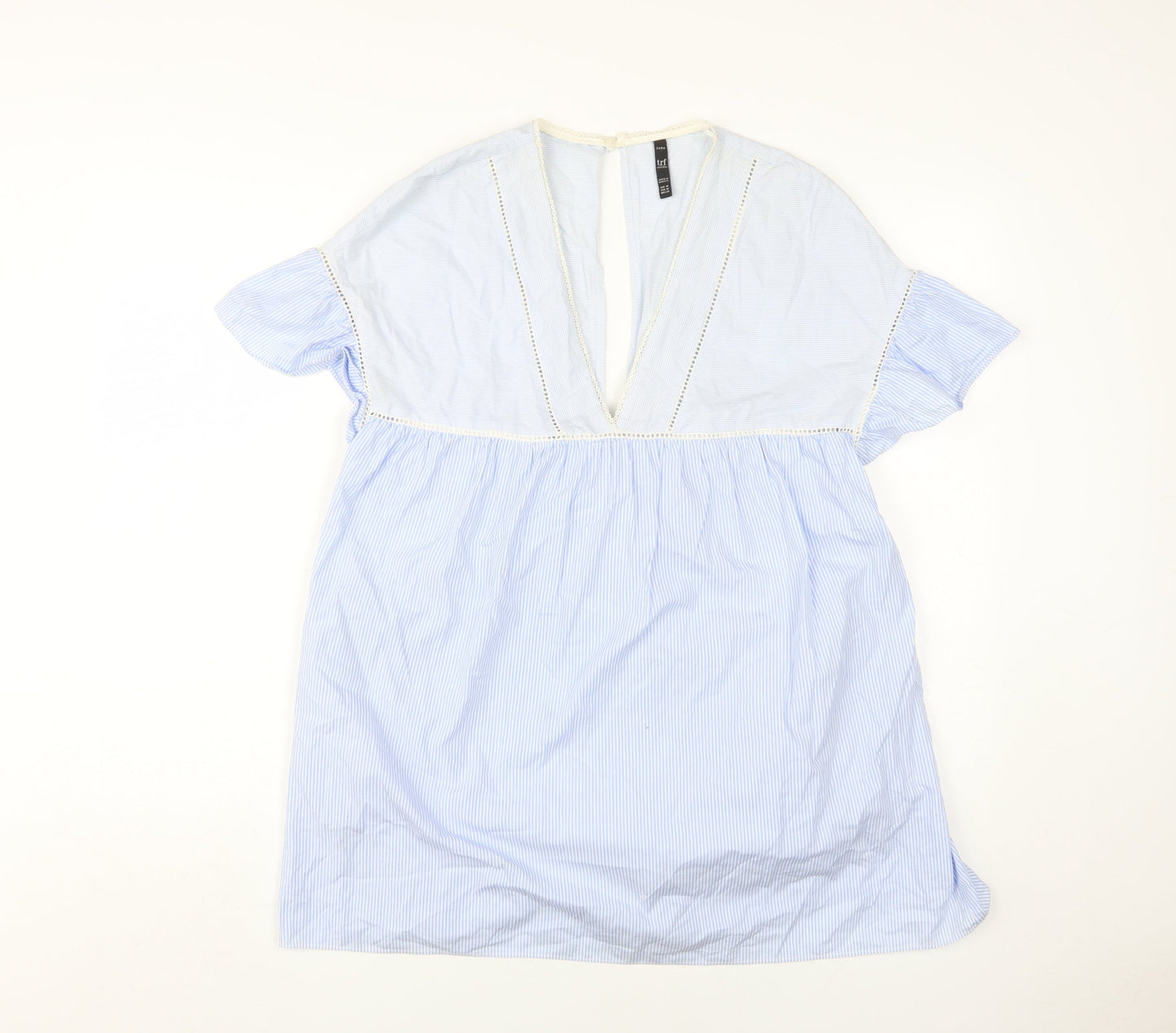 Zara Women's Blue Striped V-Neck Flutter Sleeve Dress M
