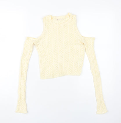 Stradivarius Women's Beige Cropped Cold Shoulder Knit Top