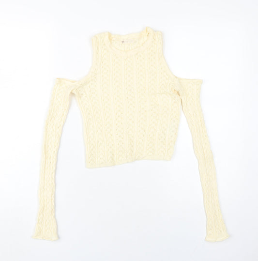 STR Women's Beige Cropped Cold Shoulder Knit Top
