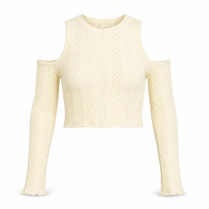 Stradivarius Women's Beige Cropped Cold Shoulder Knit Top