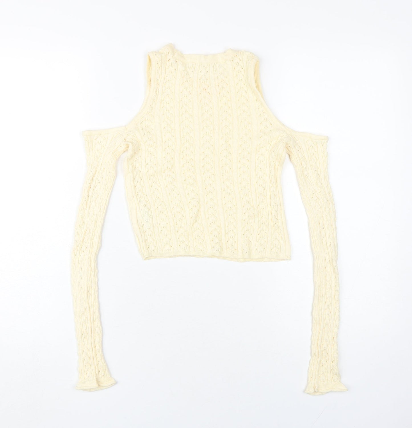 STR Women's Beige Cropped Cold Shoulder Knit Top