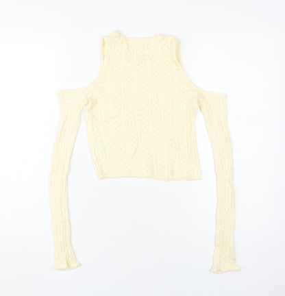 Stradivarius Women's Beige Cropped Cold Shoulder Knit Top