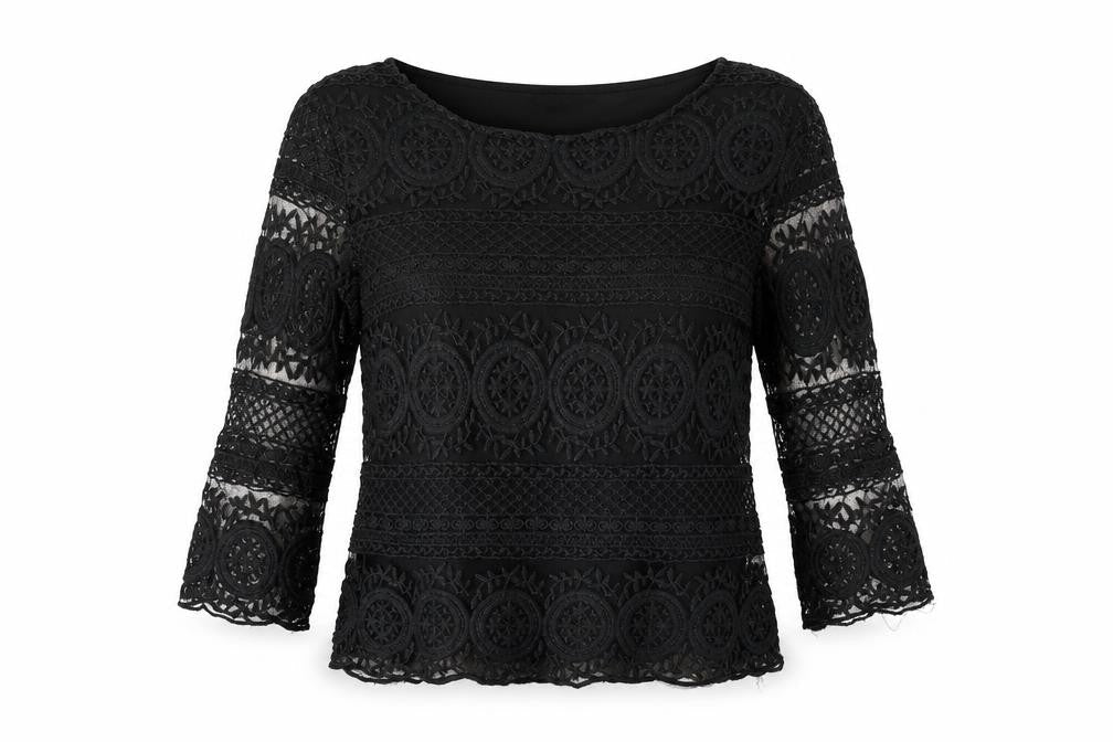A&G Women's Black Lace Blouse S Classic Bell Sleeve