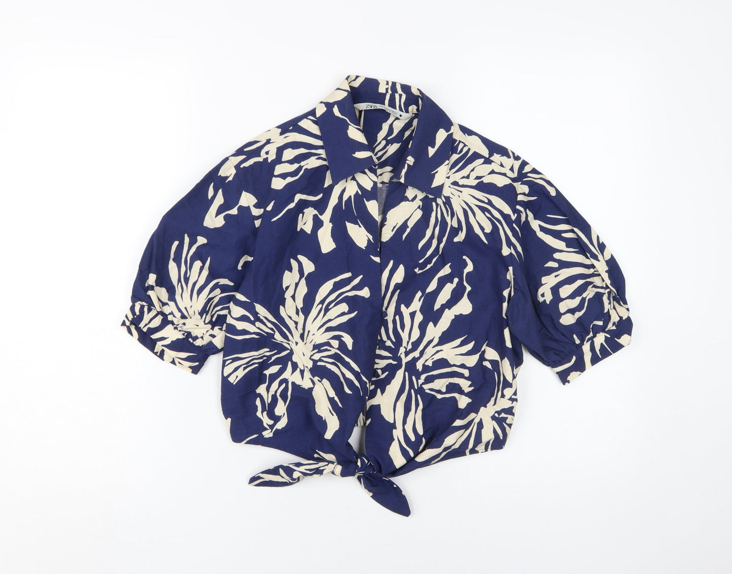 Zara Women's Blue Beige Floral Cropped Blouse XS