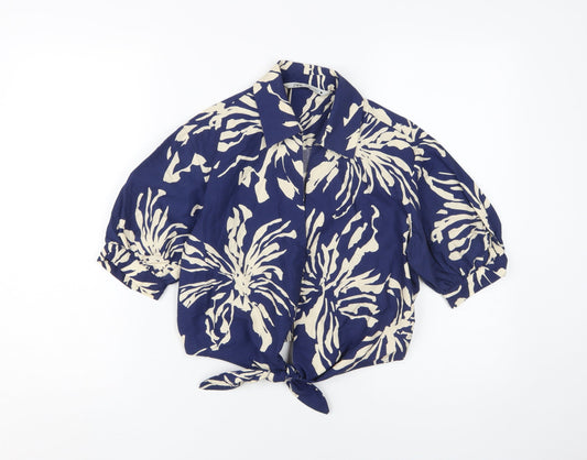 Zara Women's Blue Beige Floral Cropped Blouse XS