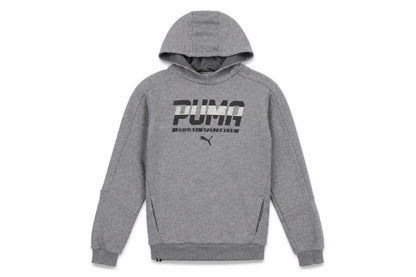 Front view of Puma boys’ grey pullover hoodie xl with logo accent