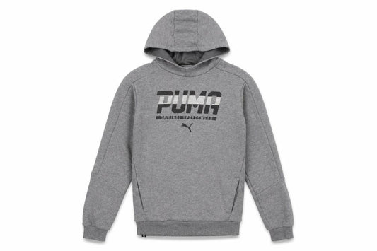 Front view of Puma boys’ grey pullover hoodie xl with logo accent