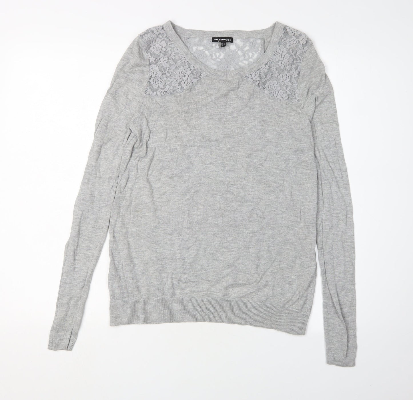 Warehouse Women's Grey Lace Pullover Jumper, Size 8