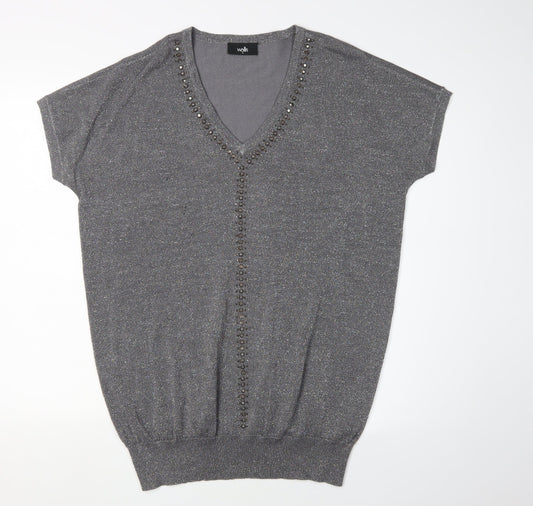 Wallis Women's Grey Beaded V-Neck Pullover Jumper M