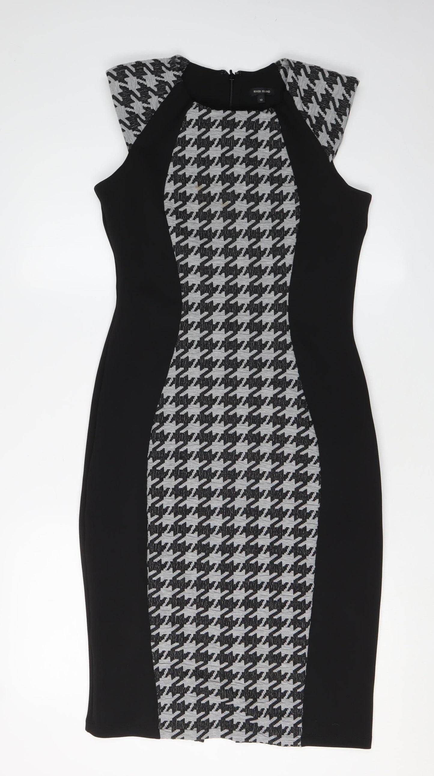 River Island Women's Black Houndstooth Bodycon Dress Size 10