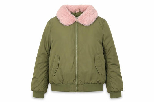 H&M Girls Green Bomber Jacket 13-14Y with Fur Trim