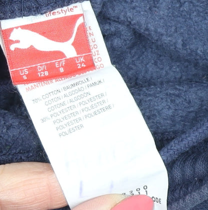 Close-up detail of Puma boys’ blue jogger trousers cotton blend, size 8