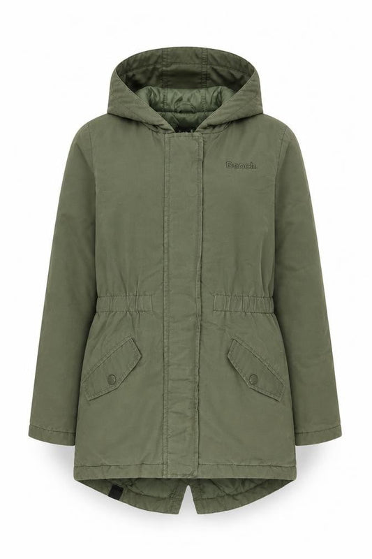 Front view of Bench girls’' green hooded parka coat 7-8 years
