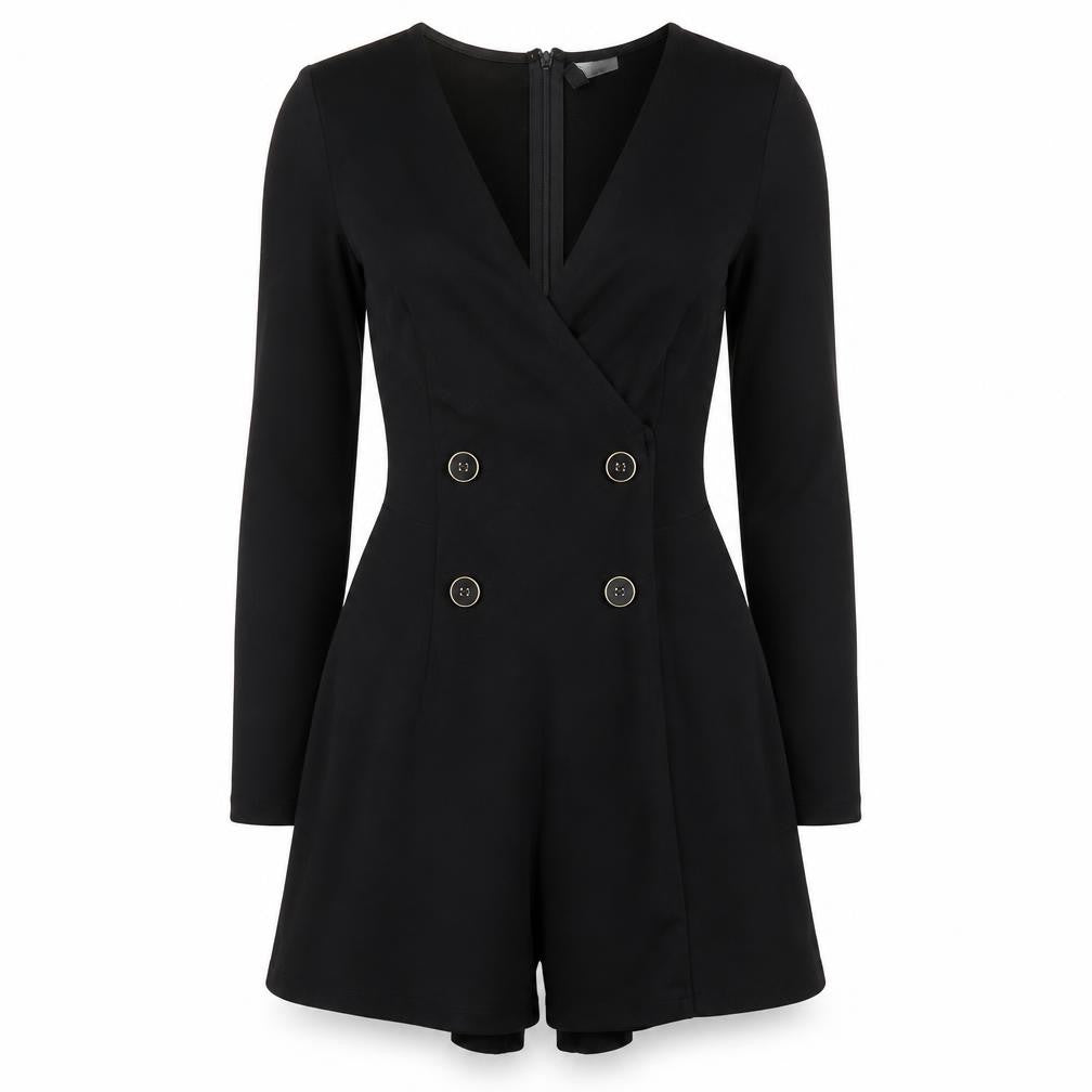 H&M Women's Black Long Sleeve V-Neck Playsuit Size 6
