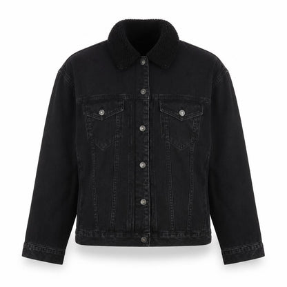 Front view of ASOS Women's Black Denim Jacket, size 10, Button Casual