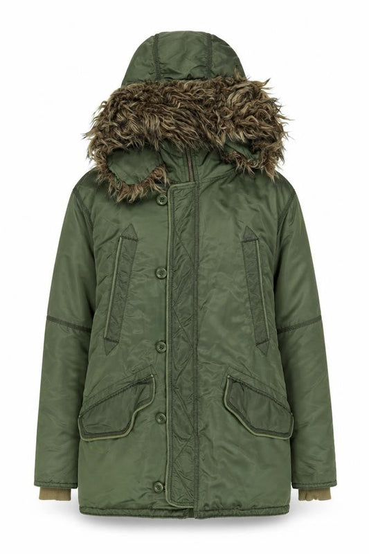 Front view of French Connection Green Women's Parka Jacket with Fur Trim, size S