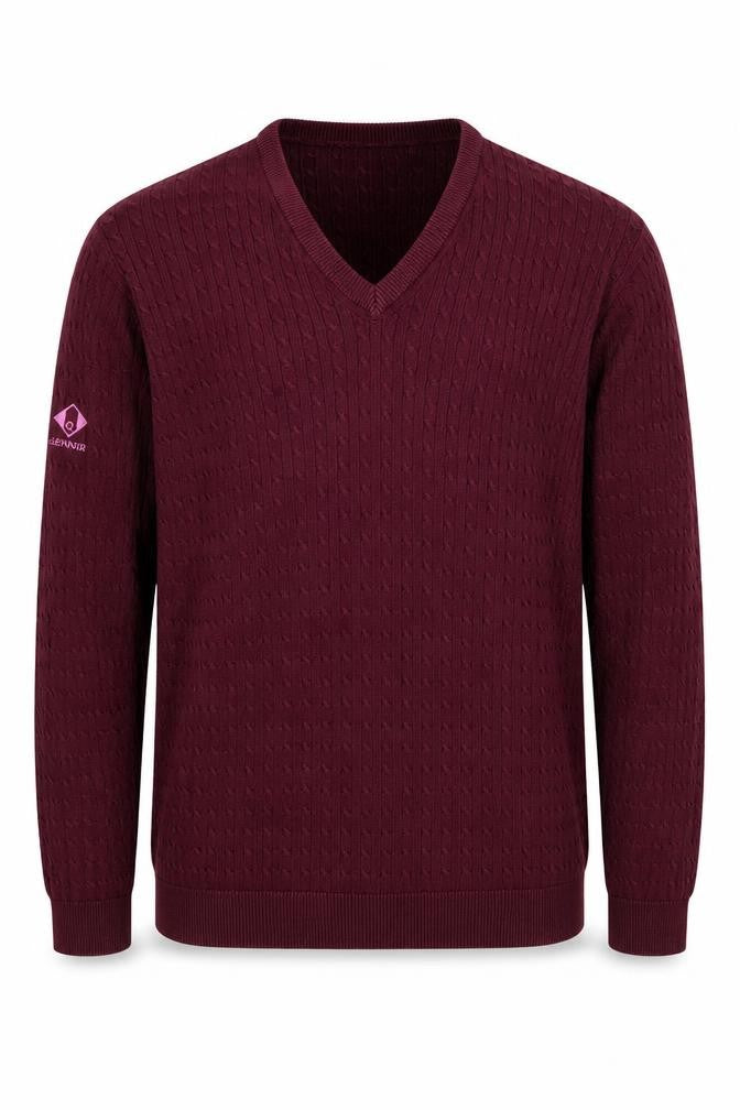 Glenmuir Men's Red Medium V-Neck Cable Knit Jumper