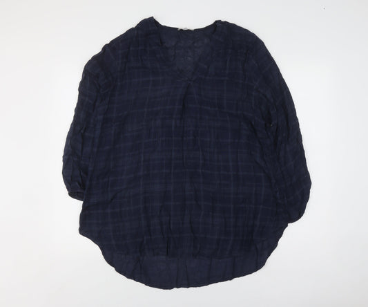 Apricot Women's Blue Check Blouse Size S 3/4 Sleeve V-Neck