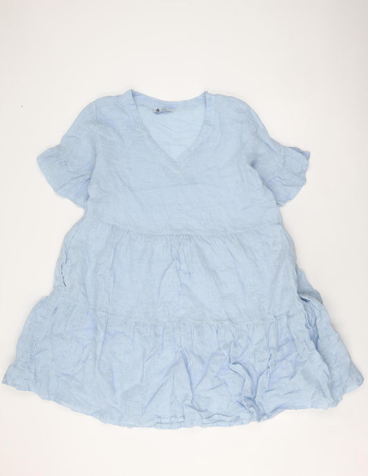 Platinum Fashion Women's Blue Linen Dress, V-Neck, One Size