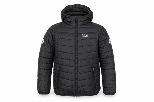 Front view of Jack Wolfskin boys’ black puffer jacket 8-9yrs hooded