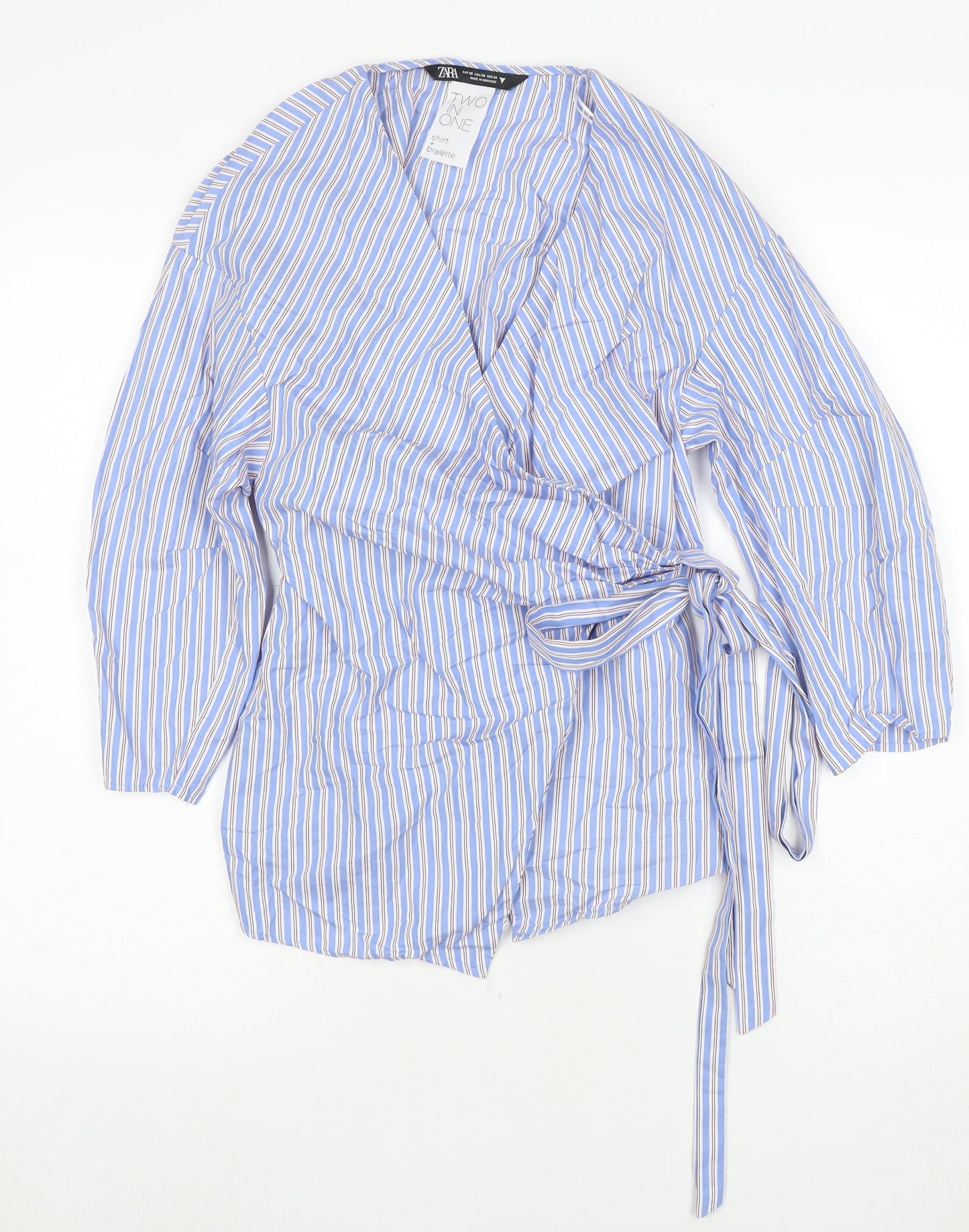 Zara Women's Blue Striped Wrap Blouse Size 6