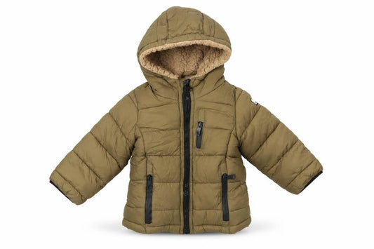 Front view of DKNY boys’ brown puffer jacket nylon 24 months